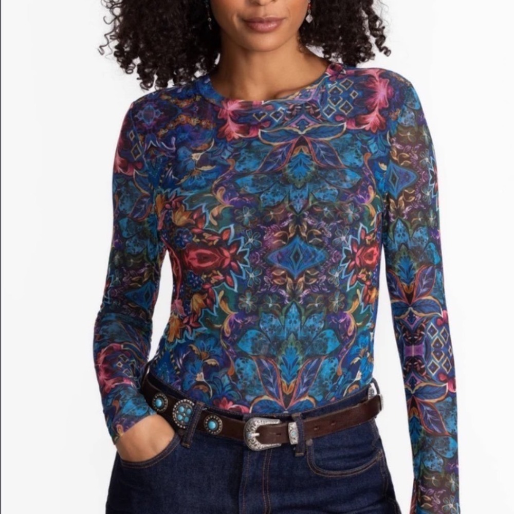 Johnny Was Jade Natalie Floral Mesh Kaleidoscope Long Sleeve Top Large Boho